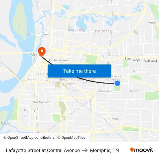 Lafayette Street at Central Avenue to Memphis, TN map