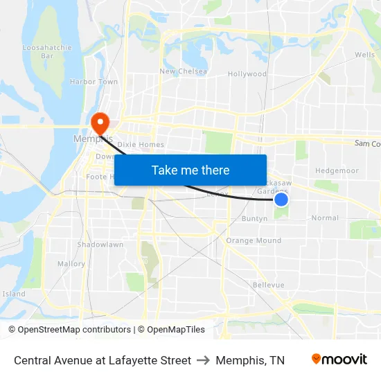Central Avenue at Lafayette Street to Memphis, TN map