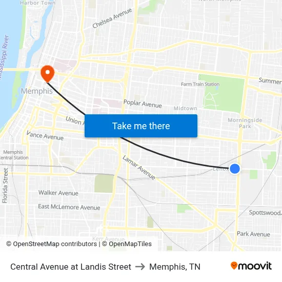 Central Avenue at Landis Street to Memphis, TN map