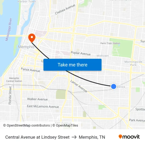 Central Avenue at Lindsey Street to Memphis, TN map