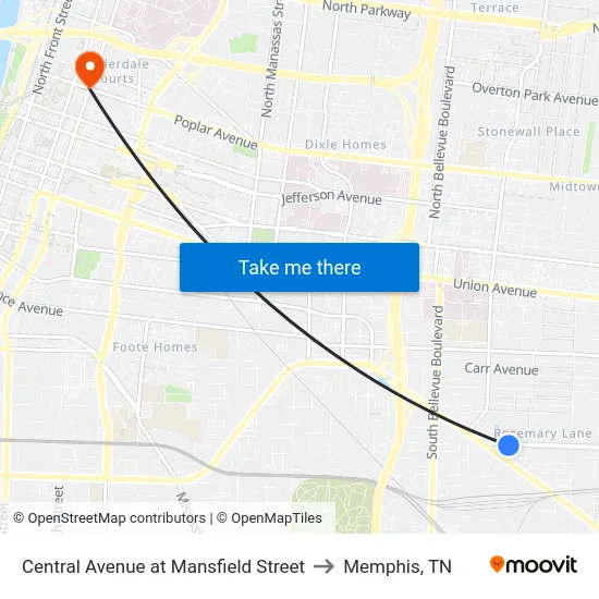Central Avenue at Mansfield Street to Memphis, TN map