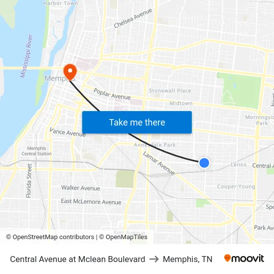 Central Avenue at Mclean Boulevard to Memphis, TN map