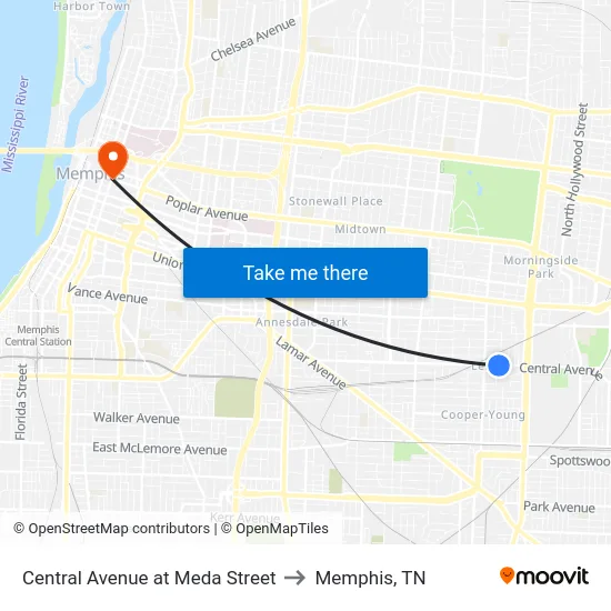 Central Avenue at Meda Street to Memphis, TN map
