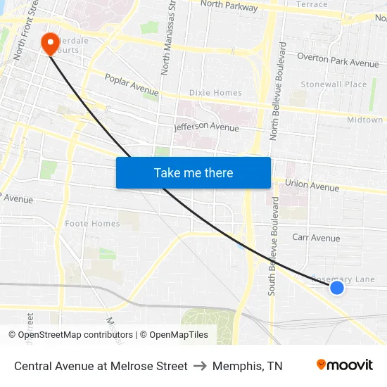 Central Avenue at Melrose Street to Memphis, TN map