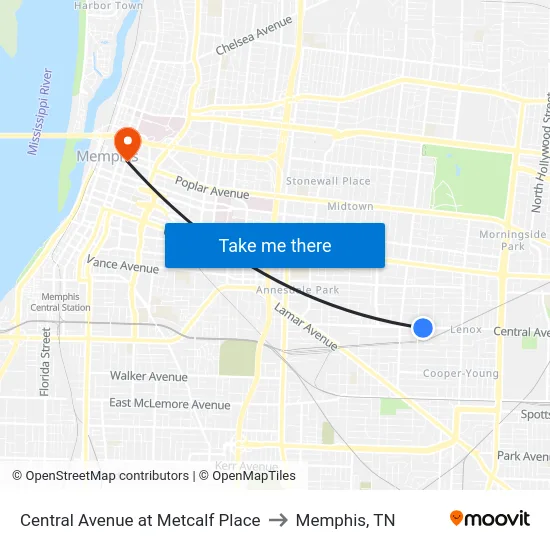 Central Avenue at Metcalf Place to Memphis, TN map