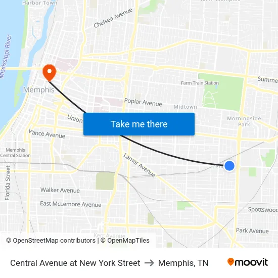Central Avenue at New York Street to Memphis, TN map