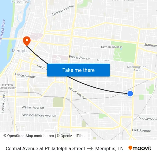 Central Avenue at Philadelphia Street to Memphis, TN map