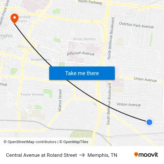 Central Avenue at Roland Street to Memphis, TN map