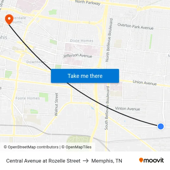 Central Avenue at Rozelle Street to Memphis, TN map