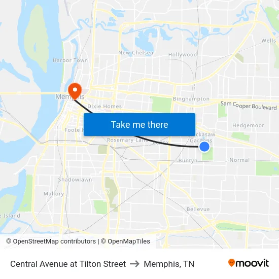 Central Avenue at Tilton Street to Memphis, TN map