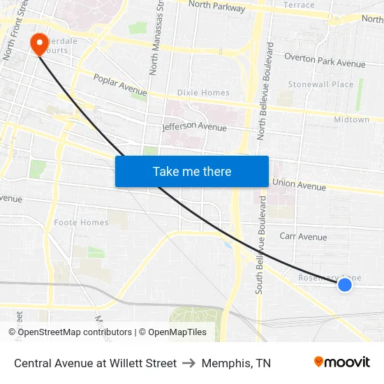 Central Avenue at Willett Street to Memphis, TN map