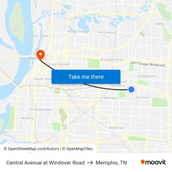 Central Avenue at Windover Road to Memphis, TN map