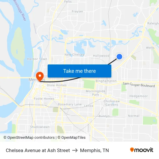 Chelsea Avenue at Ash Street to Memphis, TN map