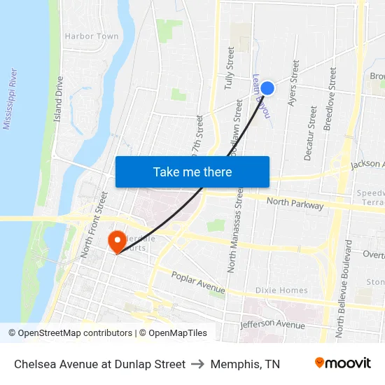Chelsea Avenue at Dunlap Street to Memphis, TN map
