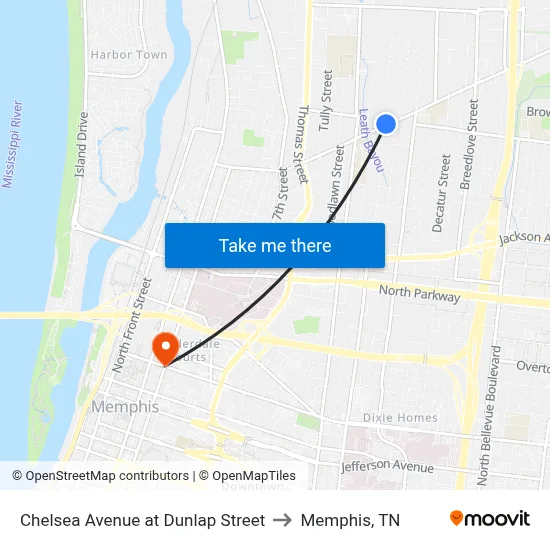 Chelsea Avenue at Dunlap Street to Memphis, TN map
