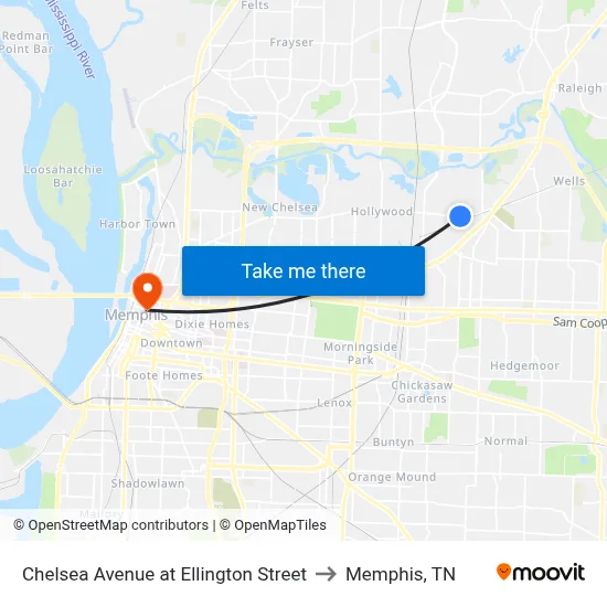 Chelsea Avenue at Ellington Street to Memphis, TN map