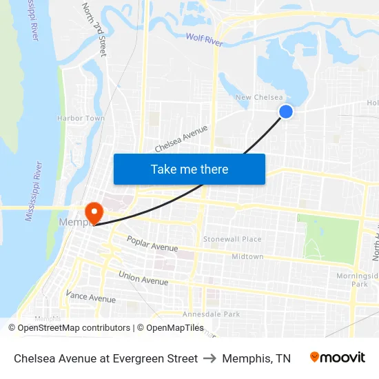 Chelsea Avenue at Evergreen Street to Memphis, TN map