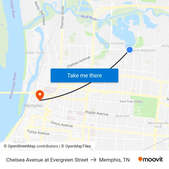 Chelsea Avenue at Evergreen Street to Memphis, TN map