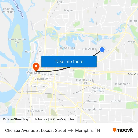 Chelsea Avenue at Locust Street to Memphis, TN map