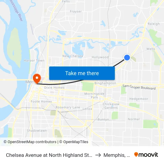 Chelsea Avenue at North Highland Street to Memphis, TN map