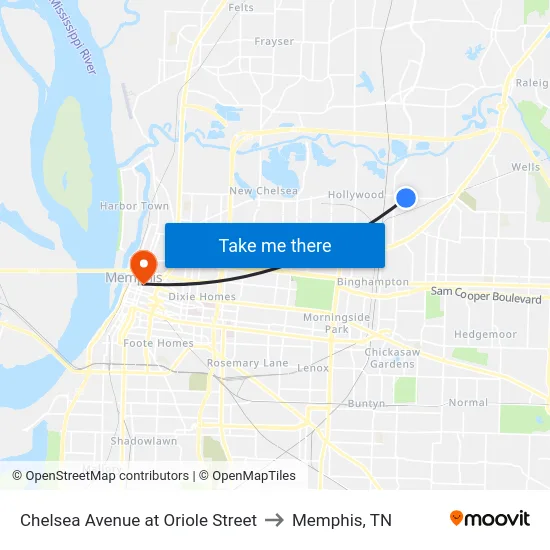Chelsea Avenue at Oriole Street to Memphis, TN map