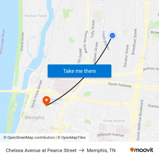 Chelsea Avenue at Pearce Street to Memphis, TN map