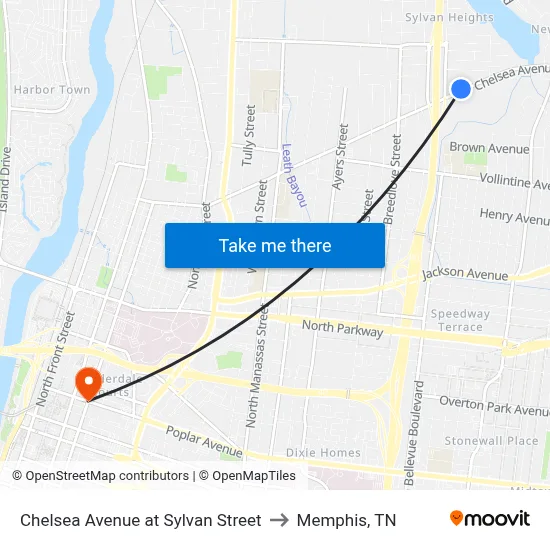 Chelsea Avenue at Sylvan Street to Memphis, TN map