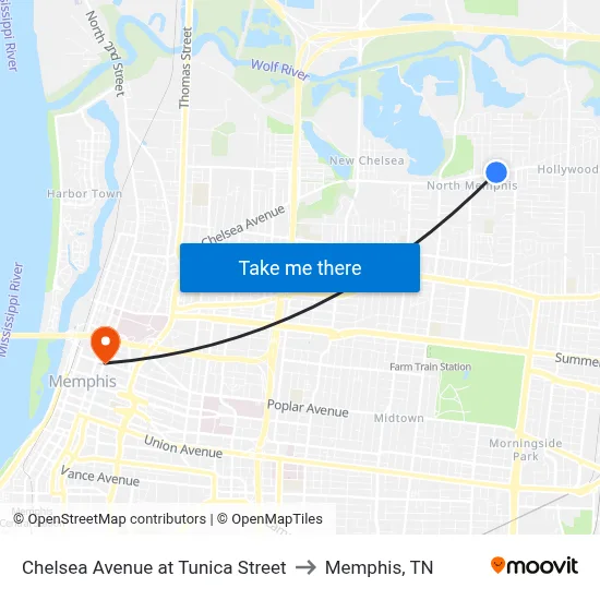 Chelsea Avenue at Tunica Street to Memphis, TN map
