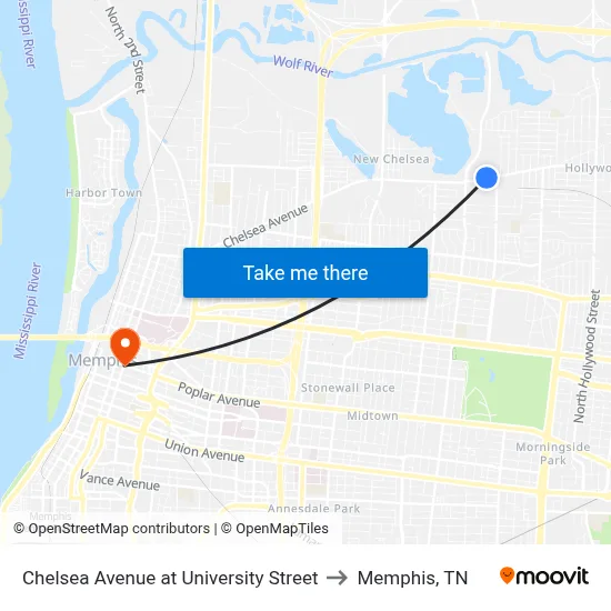 Chelsea Avenue at University Street to Memphis, TN map