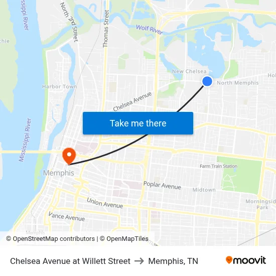 Chelsea Avenue at Willett Street to Memphis, TN map