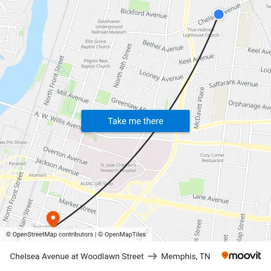 Chelsea Avenue at Woodlawn Street to Memphis, TN map