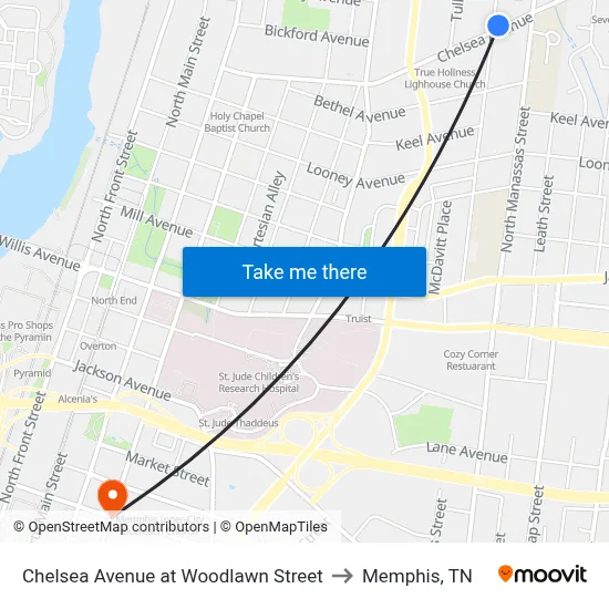 Chelsea Avenue at Woodlawn Street to Memphis, TN map