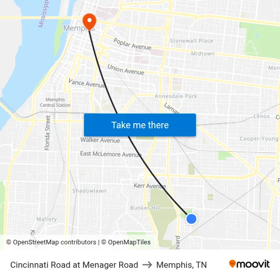 Cincinnati Road at Menager Road to Memphis, TN map