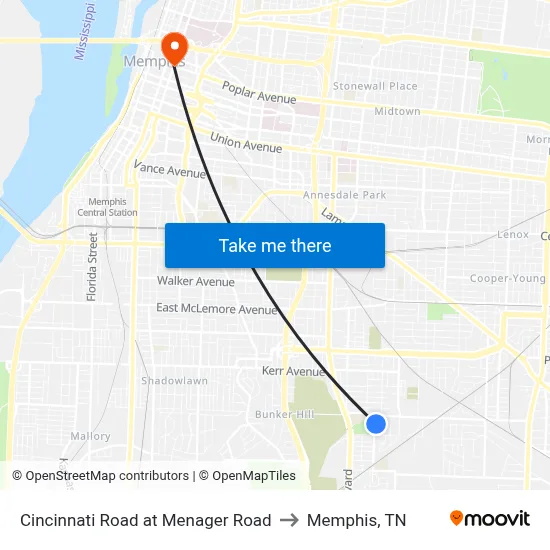 Cincinnati Road at Menager Road to Memphis, TN map