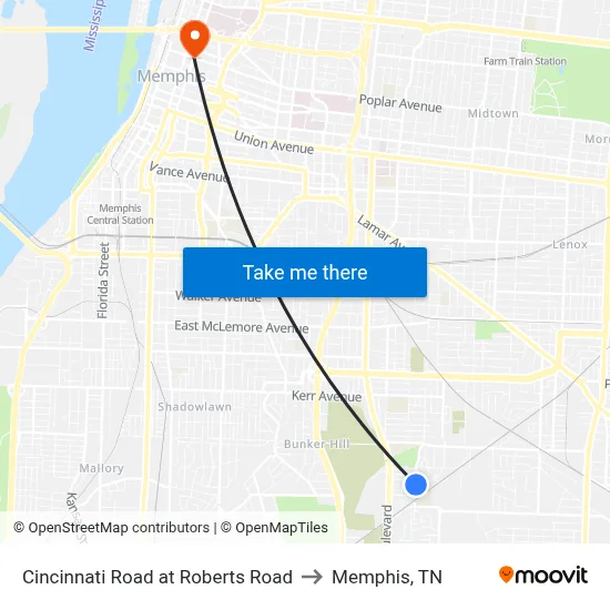 Cincinnati Road at Roberts Road to Memphis, TN map