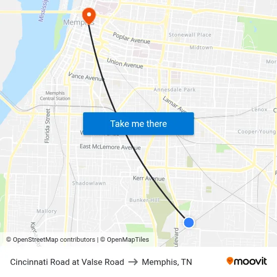 Cincinnati Road at Valse Road to Memphis, TN map