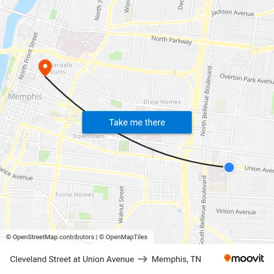 Cleveland Street at Union Avenue to Memphis, TN map