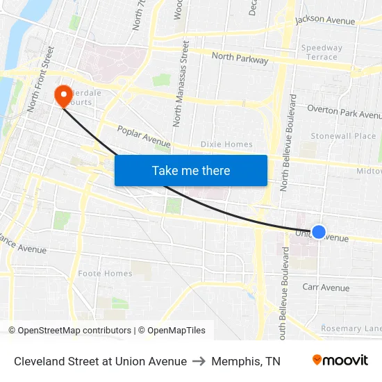 Cleveland Street at Union Avenue to Memphis, TN map