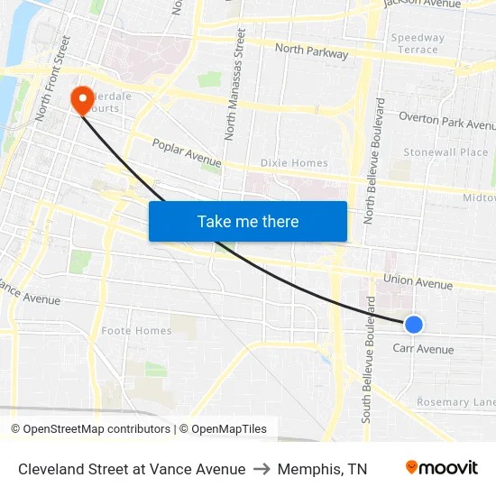 Cleveland Street at Vance Avenue to Memphis, TN map