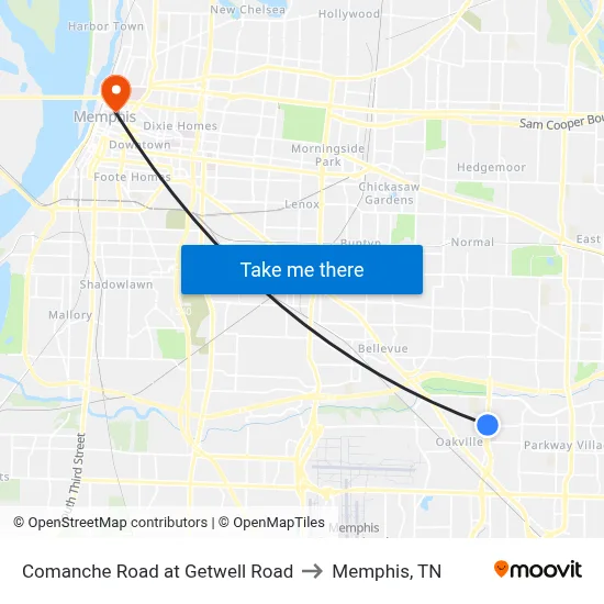 Comanche Road at Getwell Road to Memphis, TN map