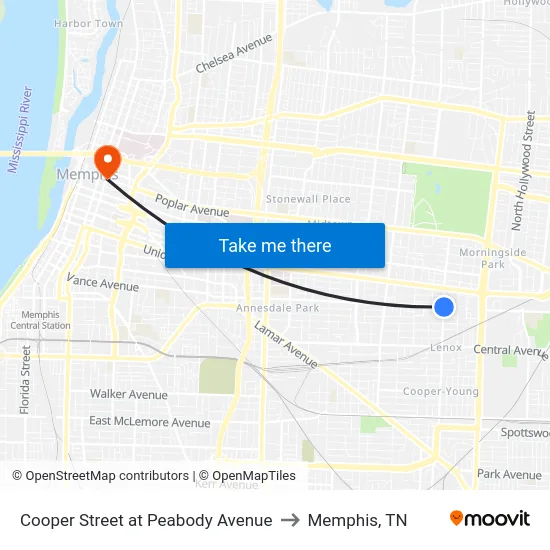 Cooper Street at Peabody Avenue to Memphis, TN map