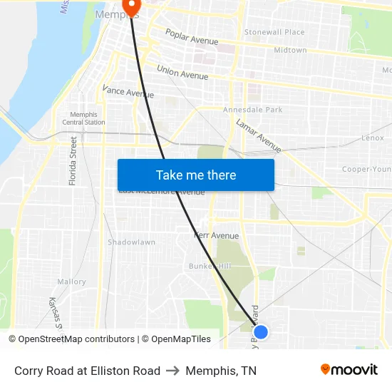 Corry Road at Elliston Road to Memphis, TN map