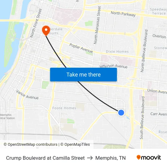 Crump Boulevard at Camilla Street to Memphis, TN map