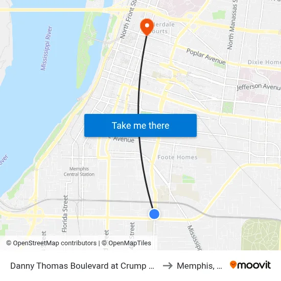 Danny Thomas Boulevard at Crump Blvd to Memphis, TN map