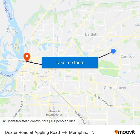 Dexter Road at Appling Road to Memphis, TN map