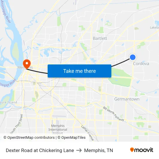 Dexter Road at Chickering Lane to Memphis, TN map