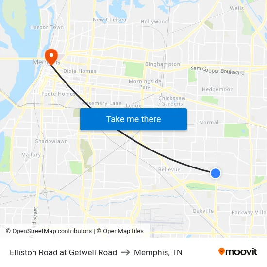 Elliston Road at Getwell Road to Memphis, TN map