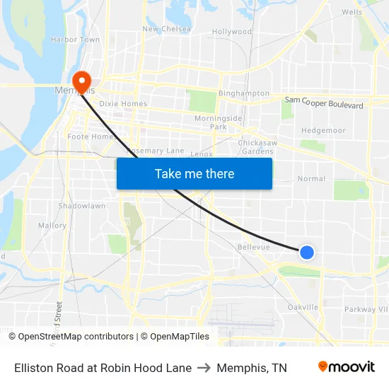 Elliston Road at Robin Hood Lane to Memphis, TN map