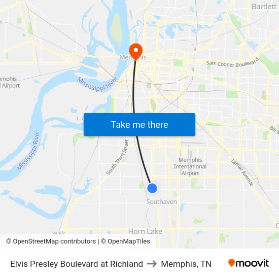 Elvis Presley Boulevard at Richland to Memphis, TN map