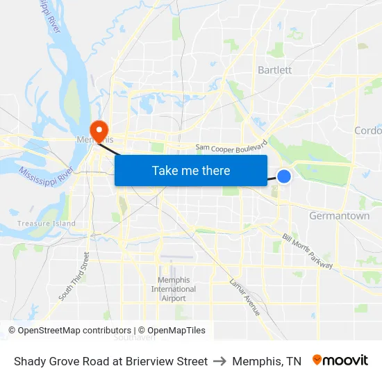 Shady Grove Road at Brierview Street to Memphis, TN map
